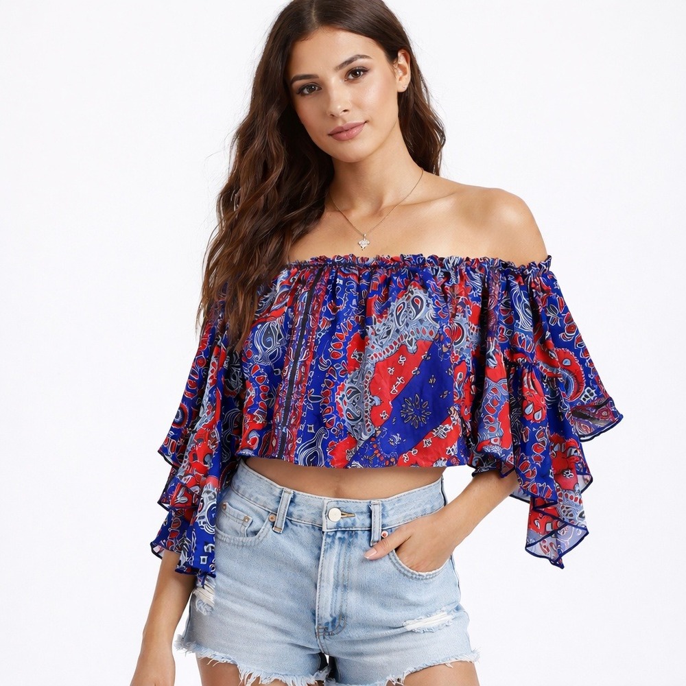 Truth NYC Wms 2X Paisley Handkerchief Off Shoulder Ruffle Sleeve Crop‎  Blue Red